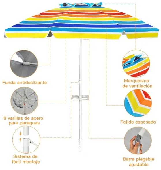 Guarda-sol de praia inclinável portátil com porta-copos, saco de transporte e proteção solar UPF50+ para exterior Pátio Piscina 2 x 2,2 m Multicolorid