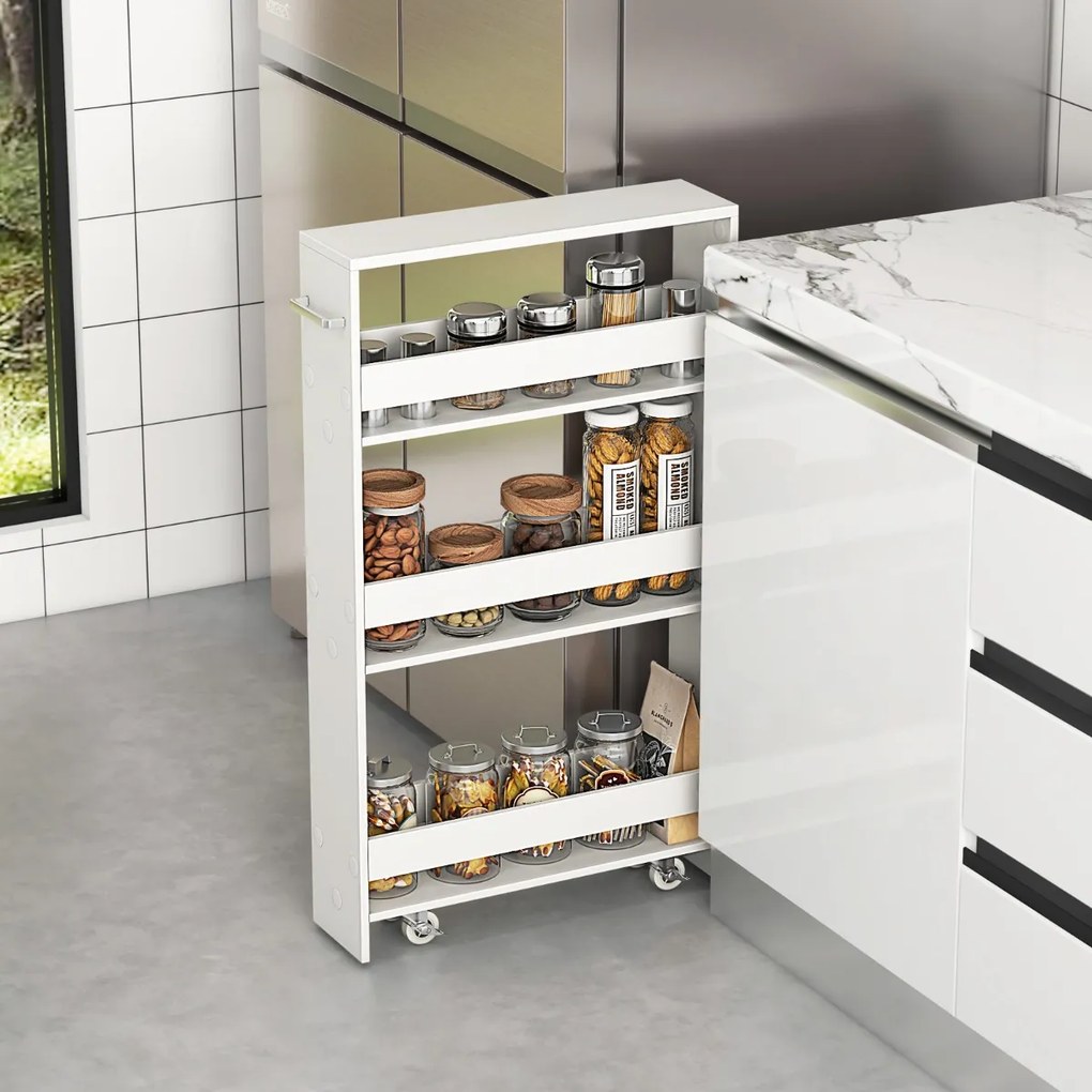 Carrinho de armazenamento estreito para cozinha com 4 prateleiras e rodas 48 x 13 x 81 cm Branco