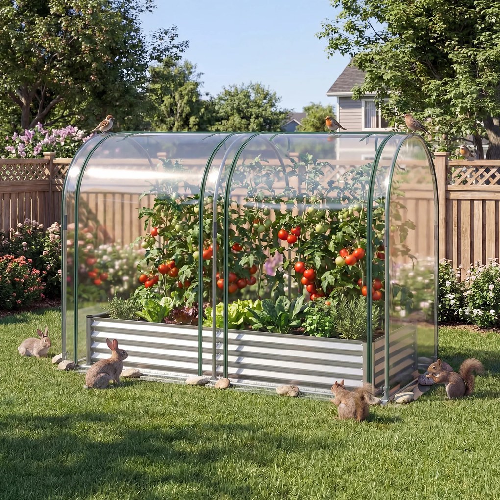 Estufa urbana 180 x 90 x 30 cm com estufa de PVC transparente, floreira de metal galvanizado, 2 janelas enroláveis, floreira coberta , prateado