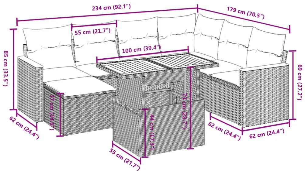 8 pcs conjunto sofás de jardim com almofadões vime PE preto