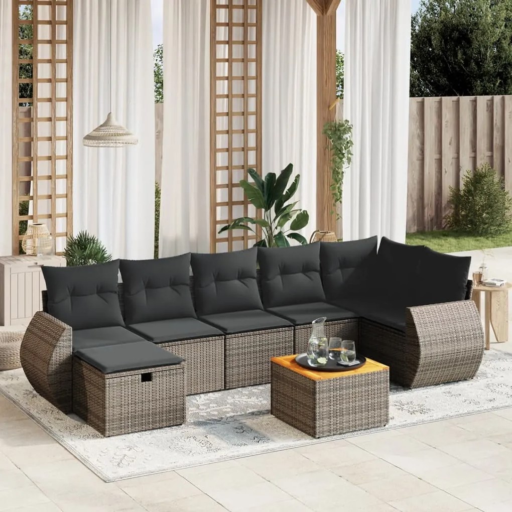 vidaXL 8 pcs conjunto sofás de jardim c/ almofadões vime PE cinzento