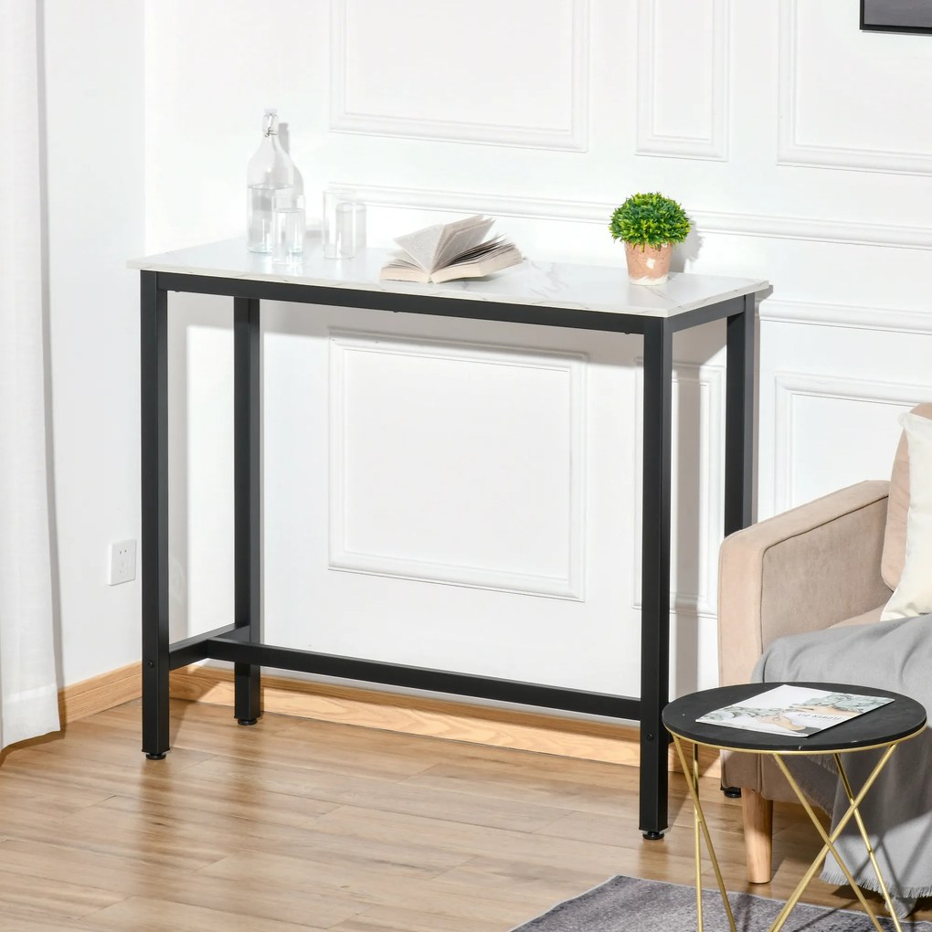Mesa de bar / Mesa alta de cozinha - dim. 120 (C) x 40 (L) x 100 (A) cm - estrutura e pés em aço, tampo com acabamento em imitação mármore branco