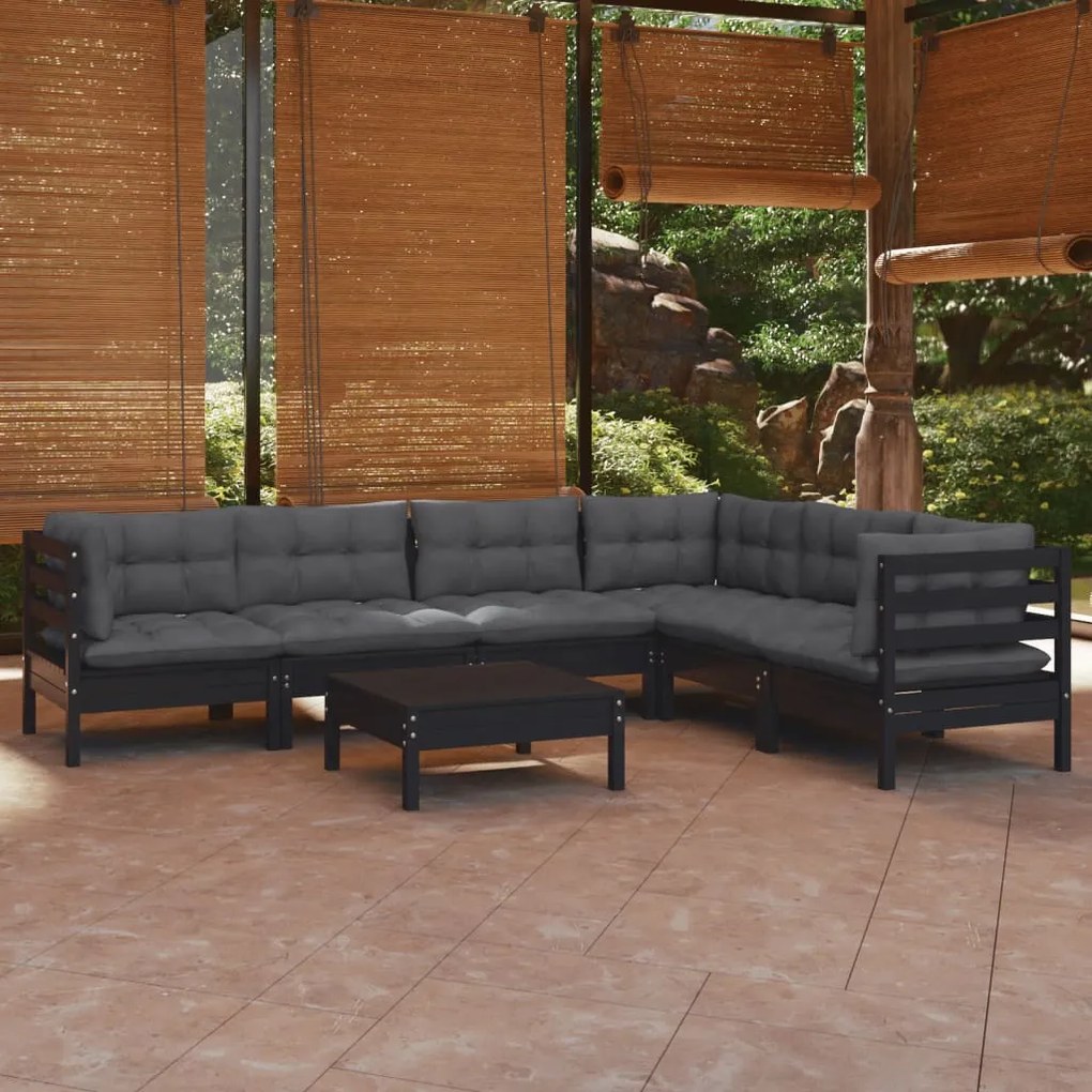 vidaXL 7 pcs conjunto lounge jardim c/ almofadões pinho maciço preto