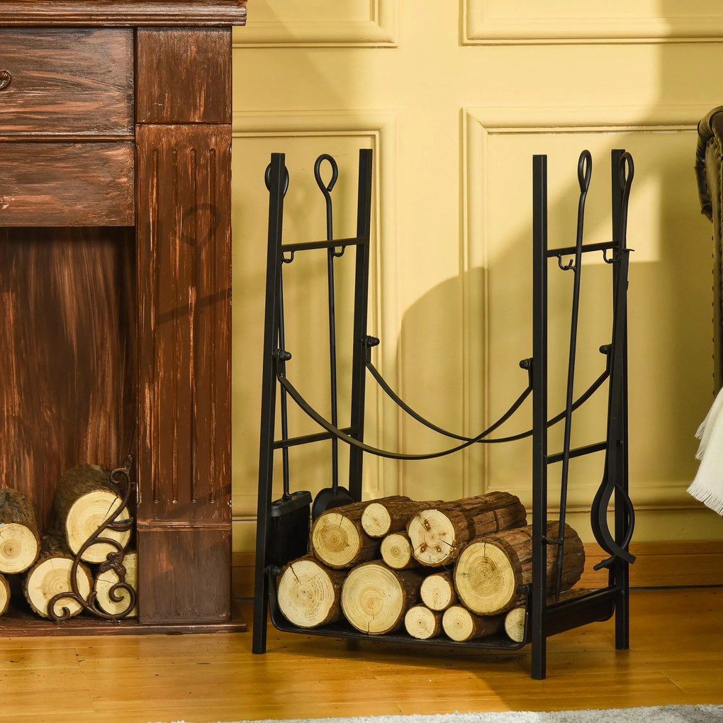 Outsunny Suporte para Lenha de 2 Níveis Porta Lenha Exterior e Interior Metálico com 4 Ferramentas para Lareira Carga Máx. 70kg 44,5x29,x73 cm