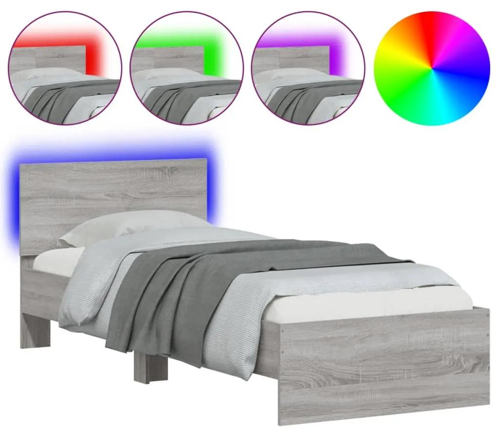 Estrutura de cama c/ cabeceira/luzes LED 90x190 cm cinza sonoma