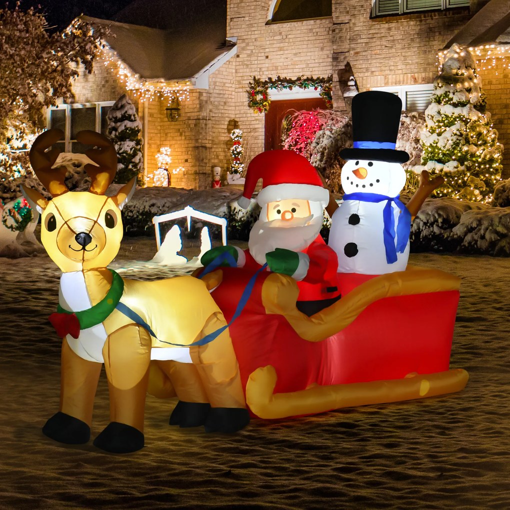 Pai Natal Insuflável com Trenó e Renas, 200 x 80 x 128 cm, Iluminação LED, Vermelho