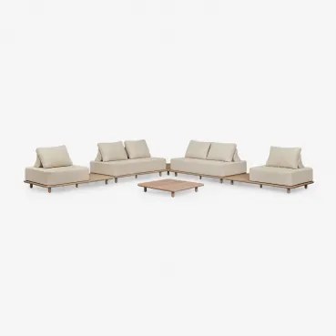 Conjunto De Jardim Com Sofá Modular De Canto De 4 Peças Com Mesas Auxiliares E Mesa De Centro 95x95 Cm Em Acácia Portet Marrom Acácia Claro - Sklum