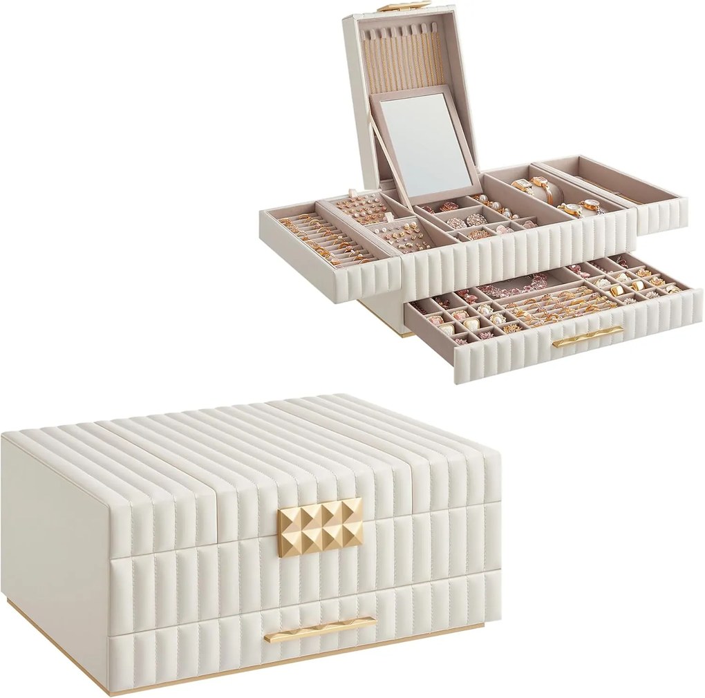 Caixa de joias de grande capacidade da coleção SONGMICS HOME ANAH com espelho, organizador de joias com gaveta, superfície de PU costurada, 27,6 x 38,8 x 16,3 cm, presente de Natal, branco nuvem