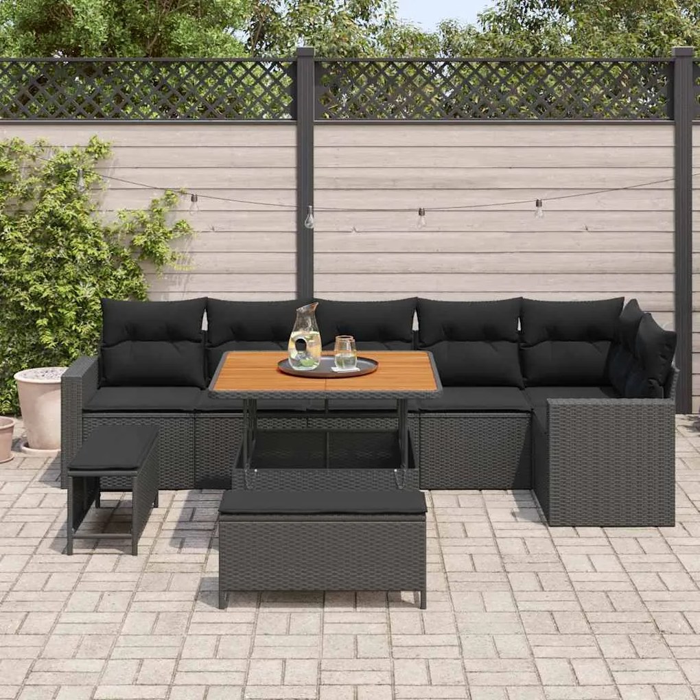 Sofá de Jardim com 9 Peças e Almofadas Pretas em Rattan Sintético e Ac