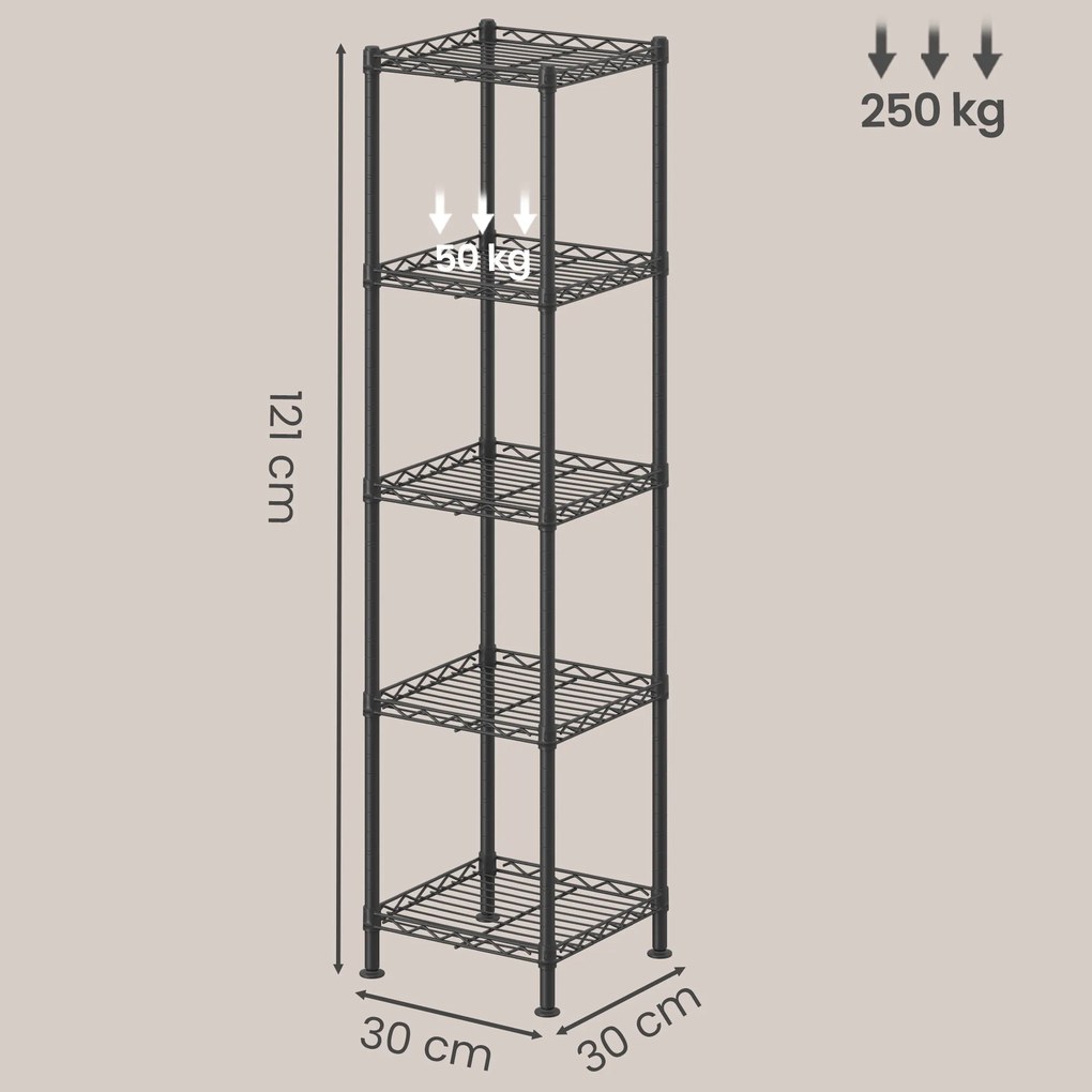 Estante de metal, estreita, com prateleiras ajustáveis 30 x 30 x 121 cm preto