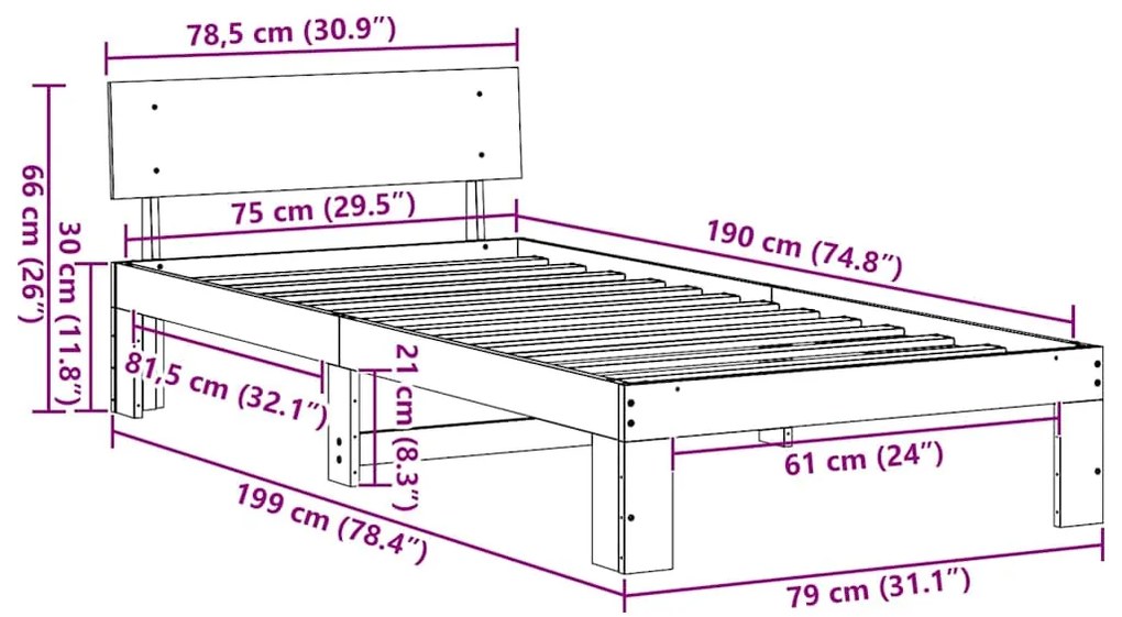 Estrado de Cama com Cabeceira Castanho 75x190 cm Madeira de Pinho Maci