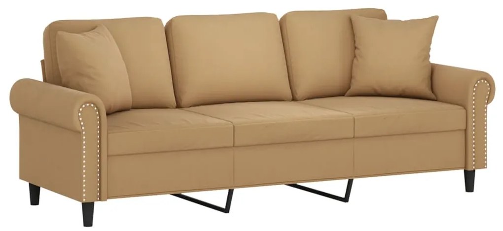 Sofá 3 lugares c/ almofadas decorativas 180 cm veludo castanho