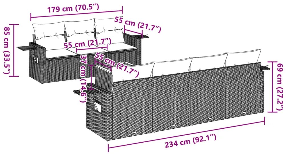 8 pcs conjunto sofás de jardim c/ almofadões vime PE cinzento