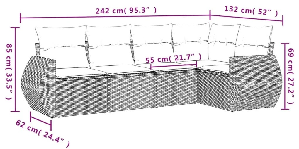 5 pcs conjunto de sofás p/ jardim com almofadões vime PE bege