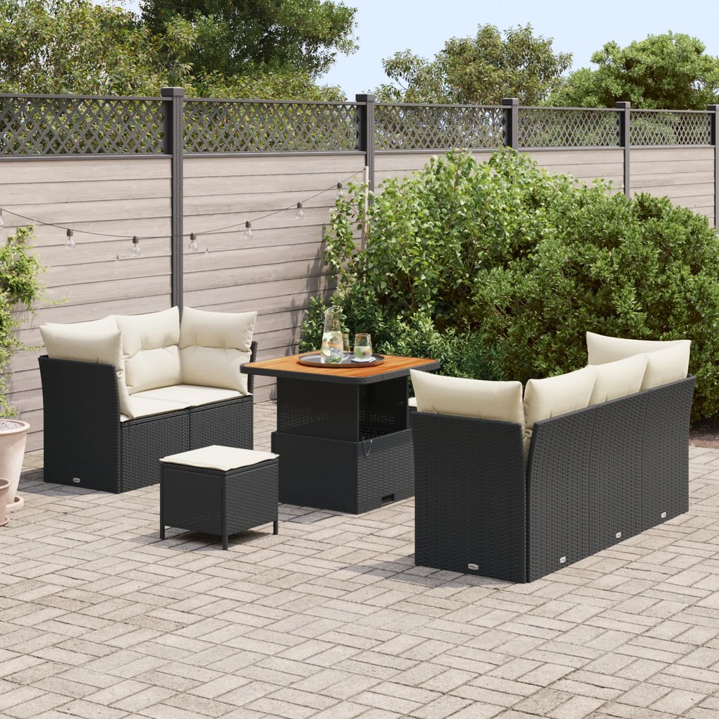 Conjunto de Sofás de Jardim de 8 Peças com Almofadas Rattan Preto Acác