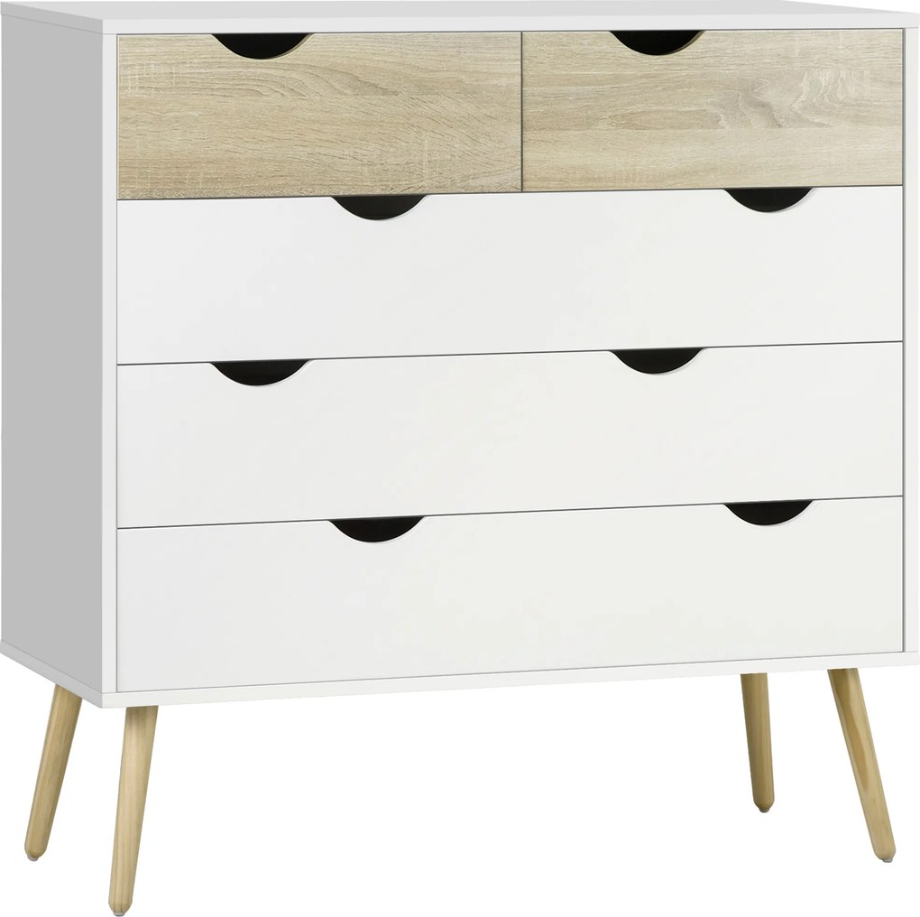 HOMCOM Cómodas Quarto Cómoda Branca com 5 Gavetas com Pés de Madeira Estilo Nórdico 99x39x101 cm Carvalho | Aosom Portugal