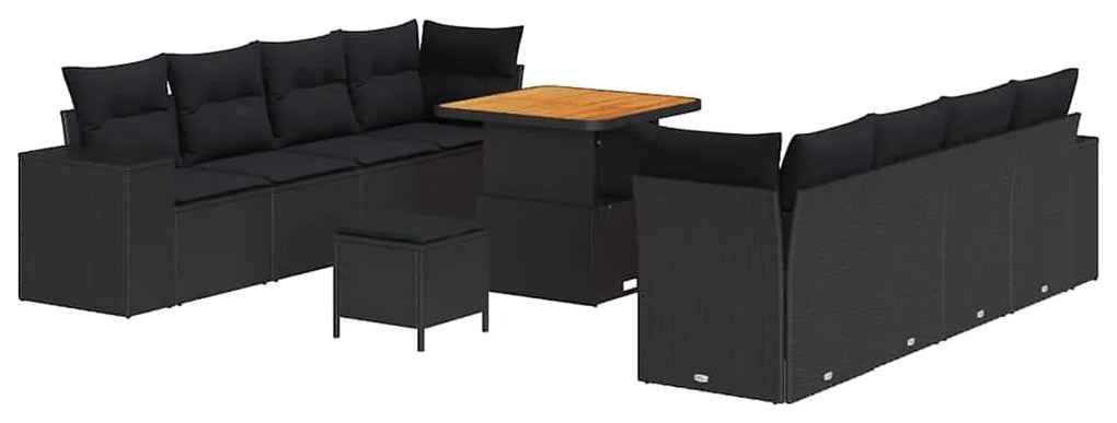 Conjunto de sofá de jardim com 11 peças e almofadas pretas de rattan.