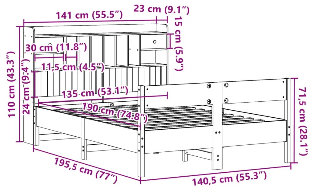 Cama com estante sem colchão 135x190 cm pinho maciço