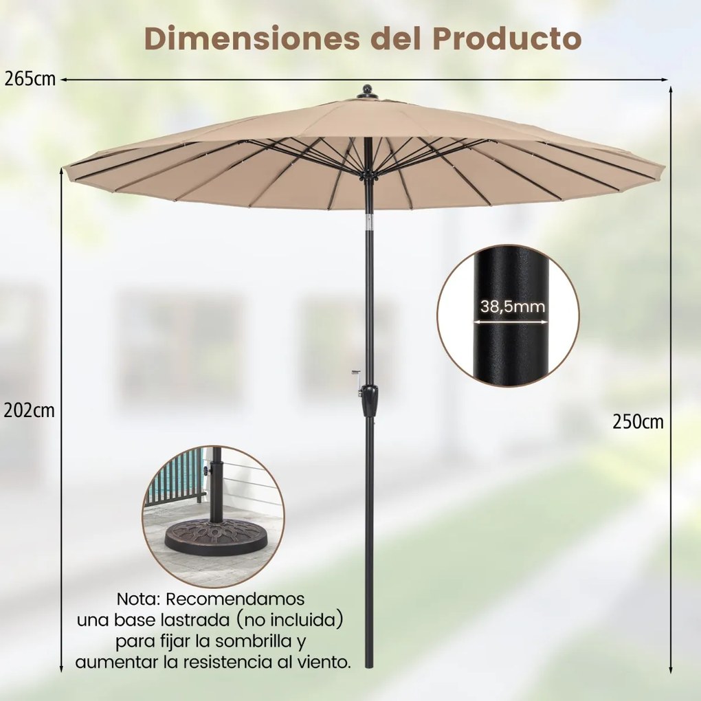 Guarda-sol redondo de 265 cm com 18 varas de fibra de vidro, botão de inclinação, manivela e toldo de alumínio para pátio ou piscina Café