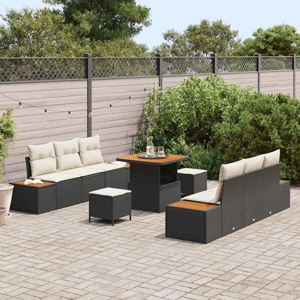 Conjunto de Sofá de Jardim vidaXL 9 Peças com Almofadas Preto Poliratt