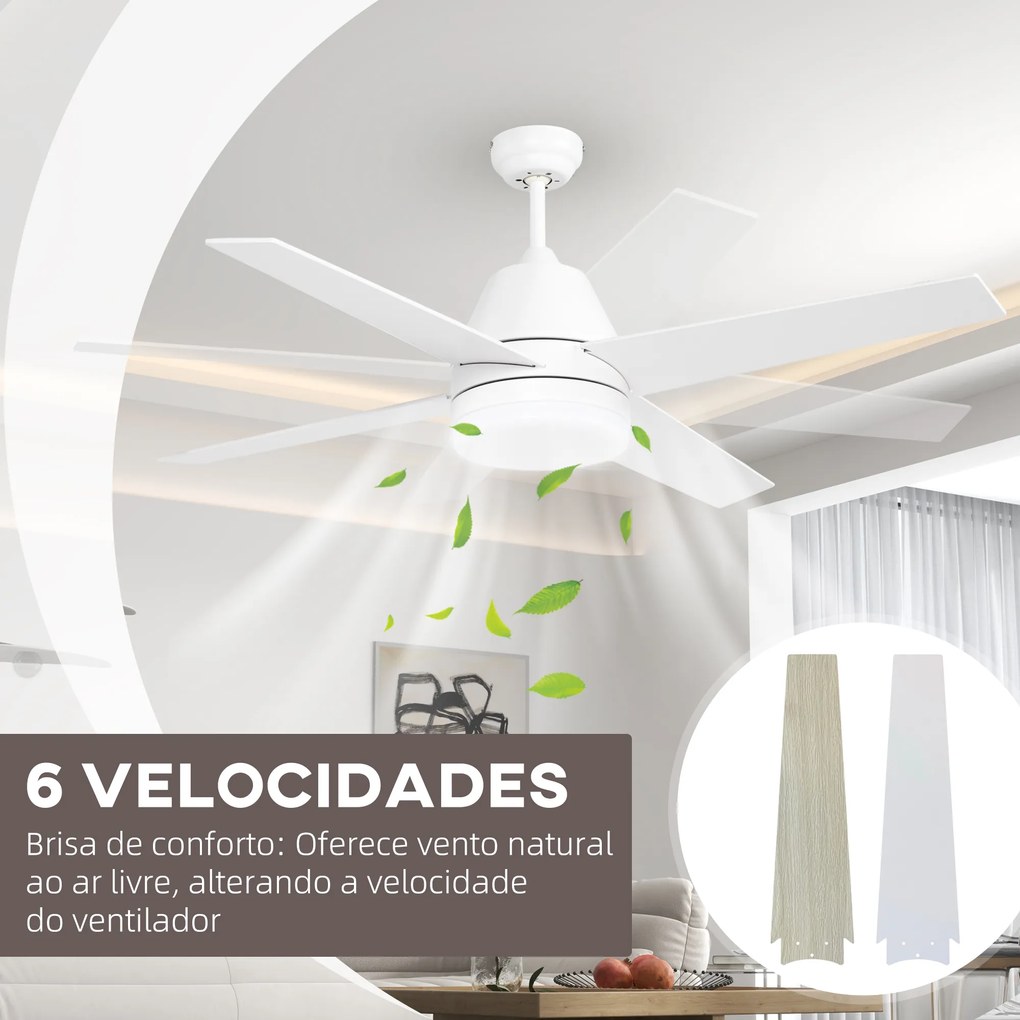 Ventoinha de Teto com Luz 46W Ø129 cm com 4 Lâminas Reversíveis Controlo Remoto 6 Velocidades e Temporizador Branco