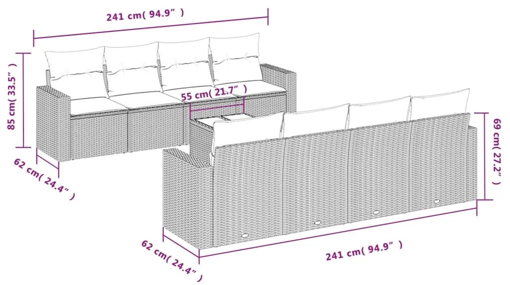 9 pcs conjunto sofás p/ jardim com almofadões vime PE cinzento