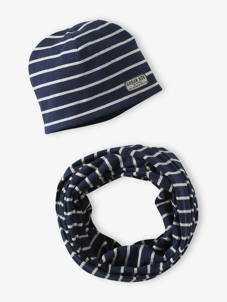 Agora -25%: Conjunto às riscas, gorro + gola snood, para menino marinho