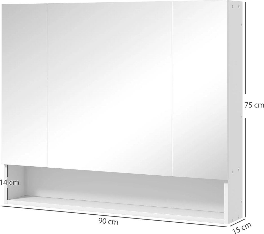 Armário de parede para casa de banho com espelho, com 3 portas espelhadas, prateleiras ajustáveis, 90 x 15 x 75 cm, branco