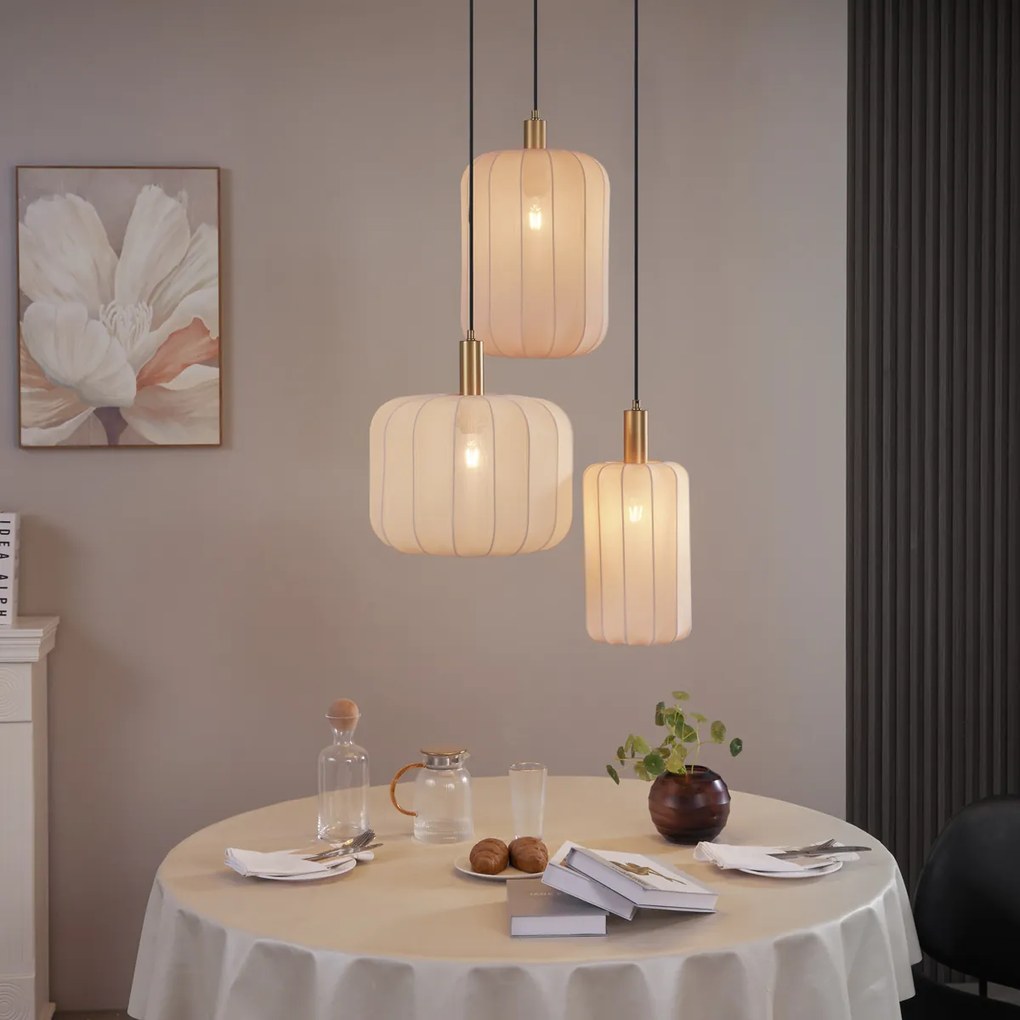 Candeeiro suspenso Japandi preto e dourado com abajur bege 3-luzes - Pluni