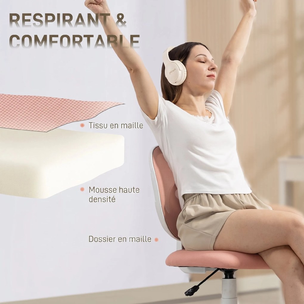 Cadeira de escritório ergonómica sem braços, cadeira de escritório em malha, altura ajustável, cor-de-rosa