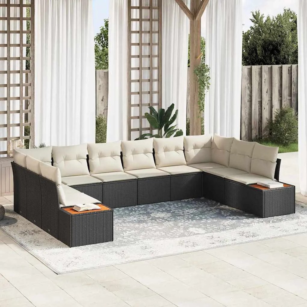 vidaXL Conjunto de Sofás de Jardim com 10 peças e almofadas pretas em rattan, poliéster e madeira de acácia.