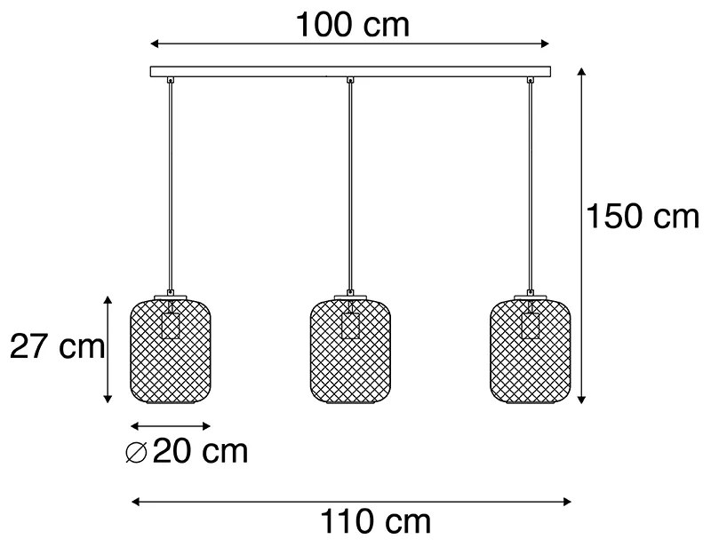 Candeeiro de suspensão industrial preto 110 cm 3 luzes - Bliss Mesh Industrial