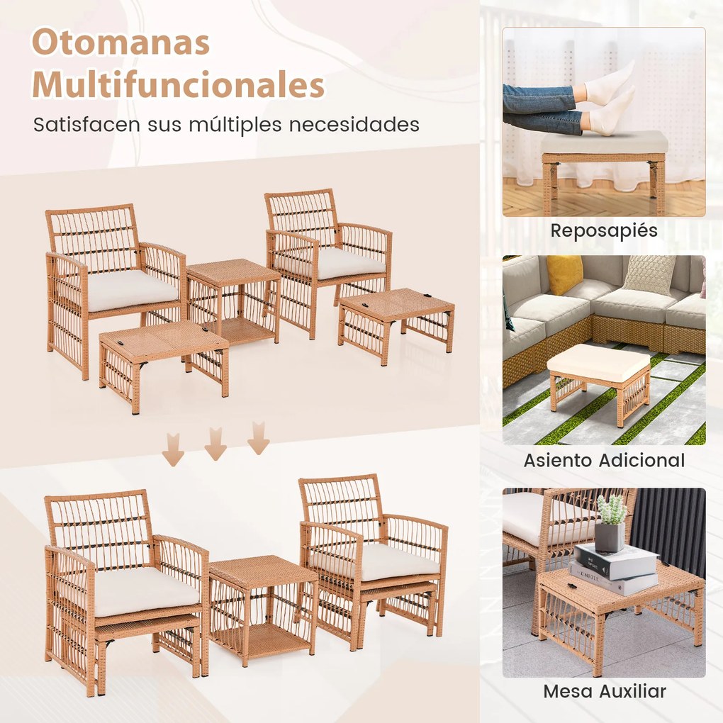 Conjunto de jardim exterior de 5 peças: mesa e cadeiras de rattan PE com almofadas macias, mesa de centro de 2 níveis e 2 Pufes, cor natural e almofad
