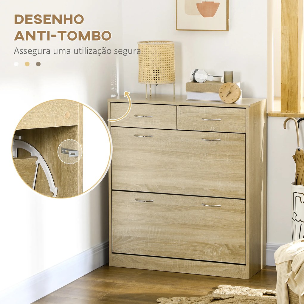 HOMCOM Sapateira Móvel para Sapatos Estreito com 2 Compartimentos e 2 Gavetas para 12 Pares de Sapatos para Sala de Estar Entrada Corredor 80x30x91,5 cm Carvalho