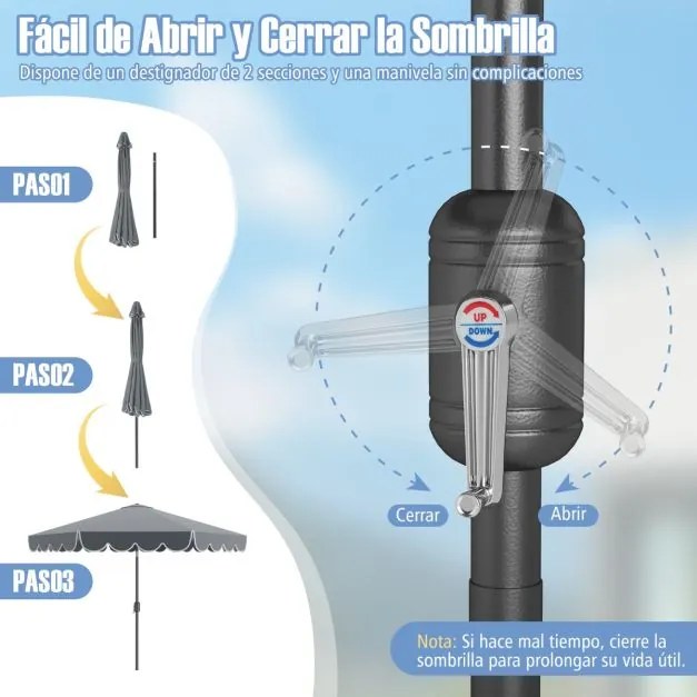 Guarda-sol 300 x 251 cm com manivela, inclinação com botão, ventilação superior e 8 varas para piscina ou praia, cinza