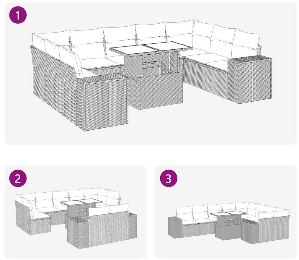 10 pcs conjunto sofás de jardim c/ almofadões vime PE cinzento