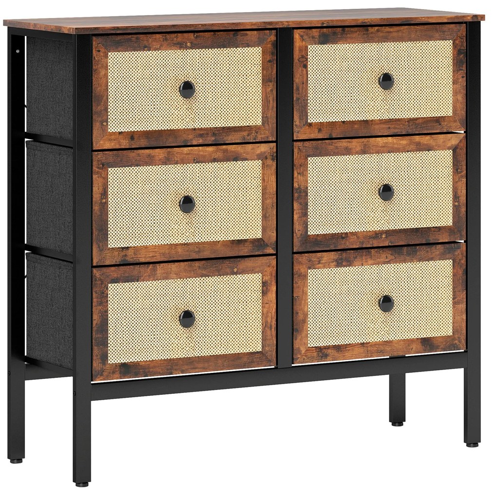 HOMCOM Cómoda para Dormitório Cómoda de Tecido com 6 Gavetas Dobráveis com Frentes de Vime 88x30x83 cm Marrom Rústico