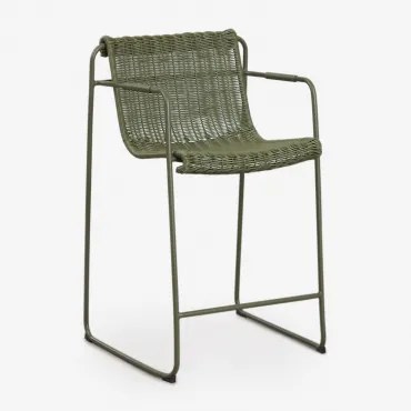 Pack De 2 Bancos Altos Empilháveis Com Braços Em Rattan Sintético E Aço Revia ↑65 Cm & Verde Azeitona Intenso - Sklum