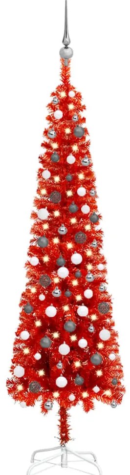 vidaXL Árvore de Natal pré-iluminada fina com bolas 210 cm vermelho