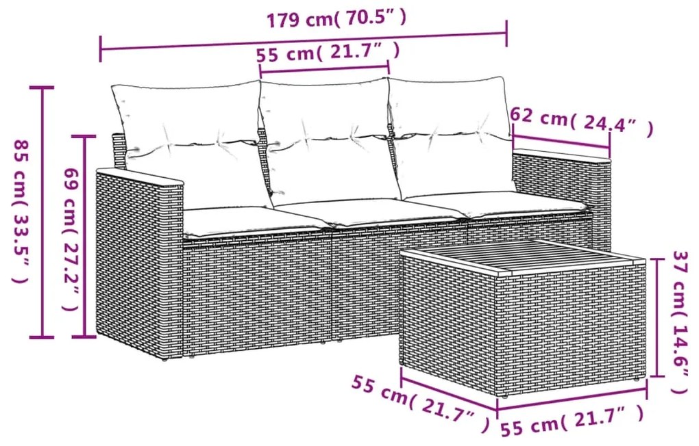 4 pcs conjunto sofás de jardim c/ almofadões vime PE cinzento