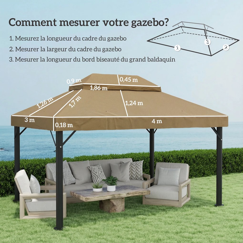 Lona de substituição para tenda de 4 x 3 m (NÃO INCLUIDA), cobertura dupla com orifícios de drenagem, poliéster 370 g/m², bege