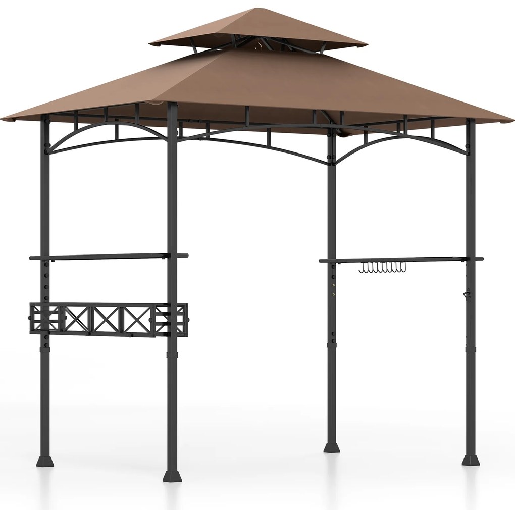 Gazebo para churrasqueira de 242 x 153 cm com 2 prateleiras laterais e cesto de armazenamento - cinza