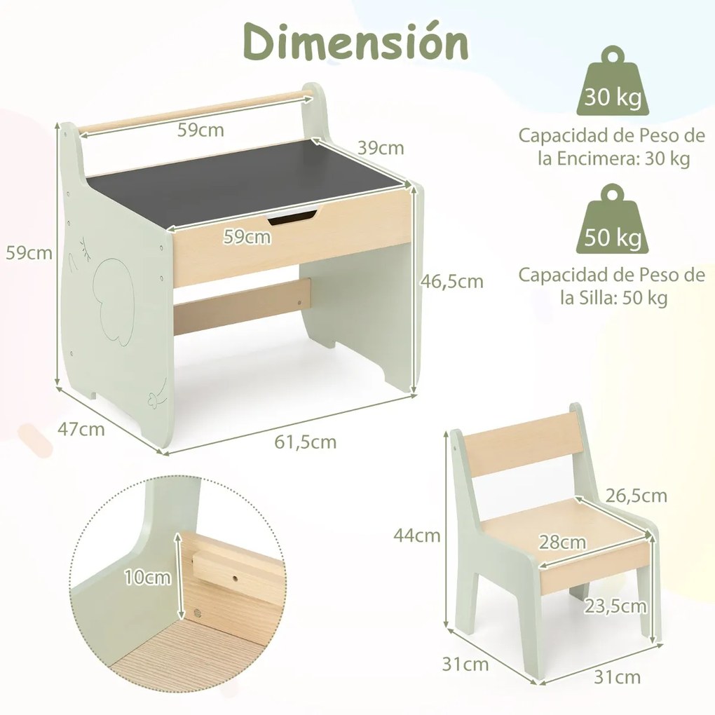 Conjunto de mesa e cadeira para crianças de actividades em madeira para crianças com tampo de mesa amovível 2 em 1 Verde