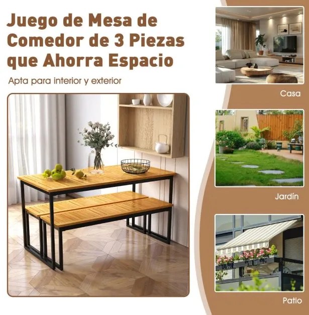 Mesa de jardim em madeira de acácia retangular, 140 cm para 6 pessoas (CADEIRAS NÃO INCLUIDAS), estrutura em metal e buraco natural e preto