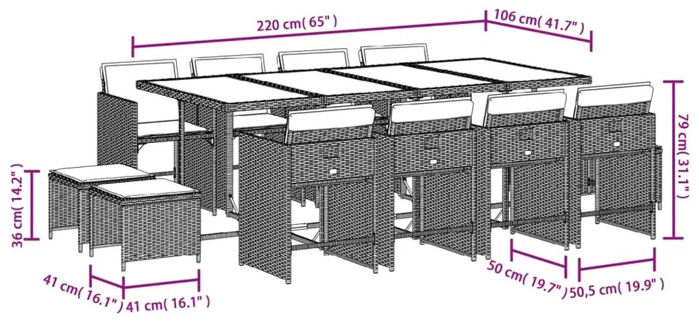 13 pcs conjunto de jantar p/jardim com almofadões vime PE preto