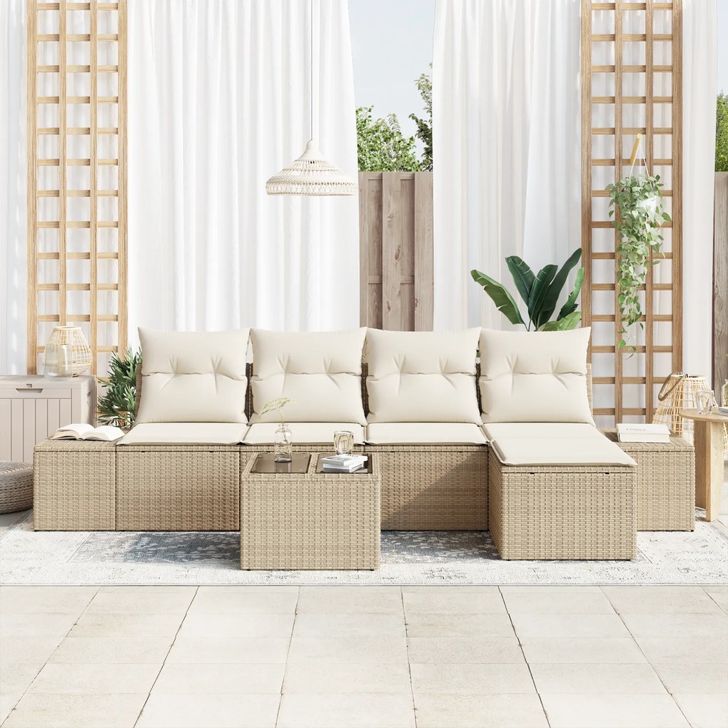 Conjunto de Sofá de Jardim de 6 Peças com Almofadas de Rattan Castanho