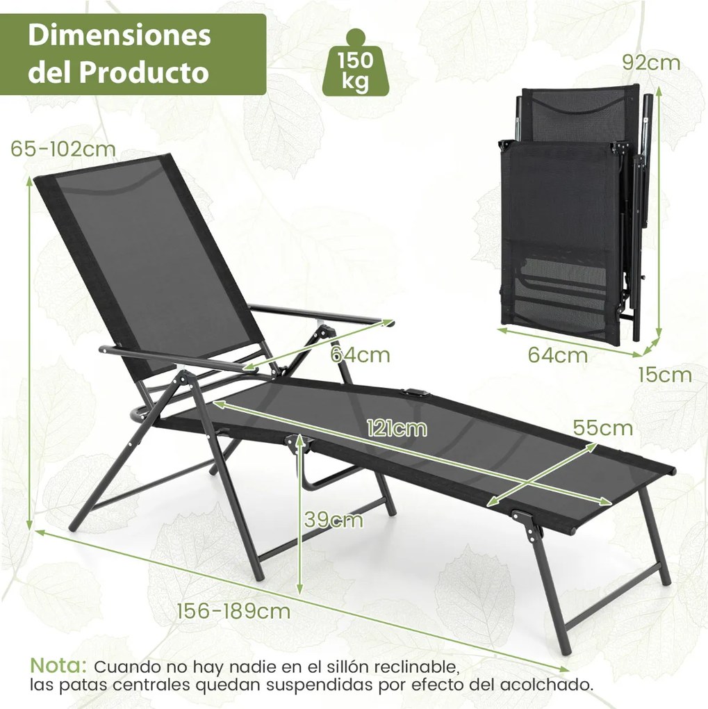 Conjunto de 2 espreguiçadeiras jardim dobráveis com encosto de 6 níveis Assento respirável Estrutura metálica em tecido 189 x 64 x 102 cm Preto