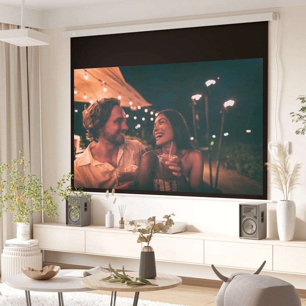 Tela de Projeção Elétrica 100 Polegadas Tela de Projeção Motorizada Formato 16:9 com Controlo Remoto para Cinema am Casa Exterior Festas 253x7,5x168cm