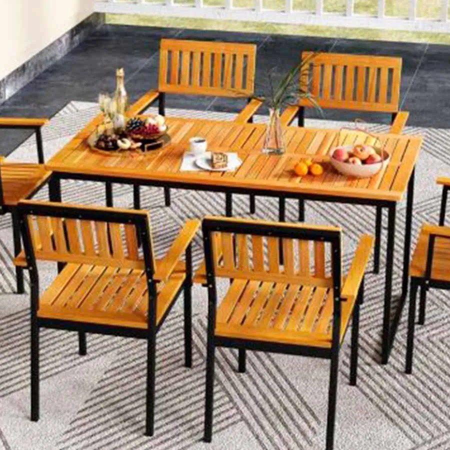 Mesa de jardim em madeira de acácia retangular, 140 cm para 6 pessoas (CADEIRAS NÃO INCLUIDAS), estrutura em metal e buraco natural e preto