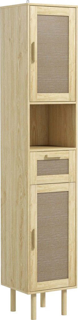 Móvel de casa de banho 32 x 30 x 170 cm com coluna de arrumação, portas em rattan, gaveta e 2 armários, cor em carvalho